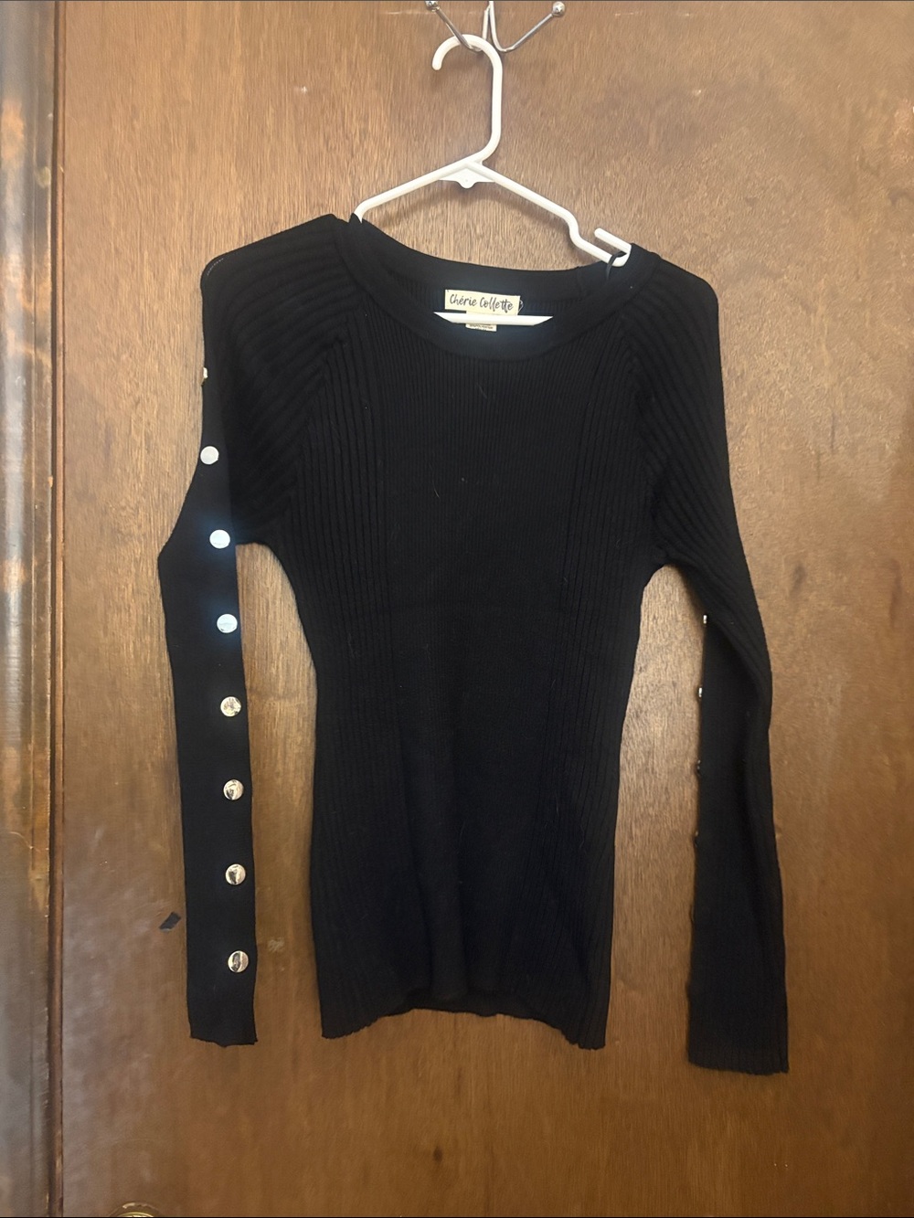 Black Ribbed Button-Sleeve Knit Top